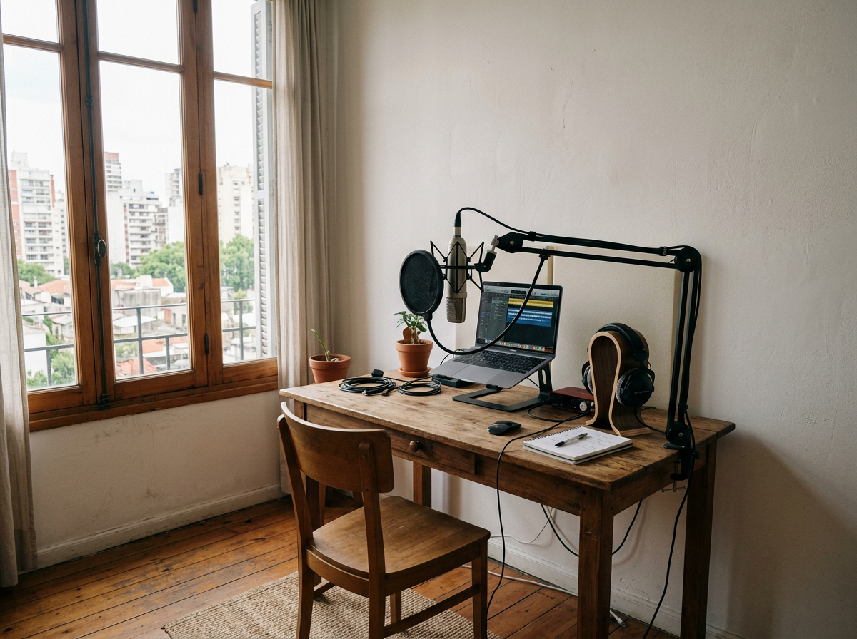 A home recording room with a microphone on a desk and bare walls