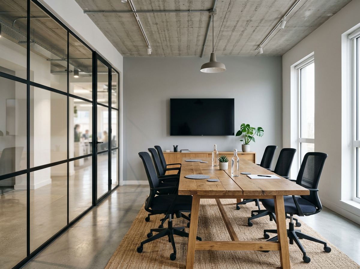 A small company meeting room with a long table and glass partition