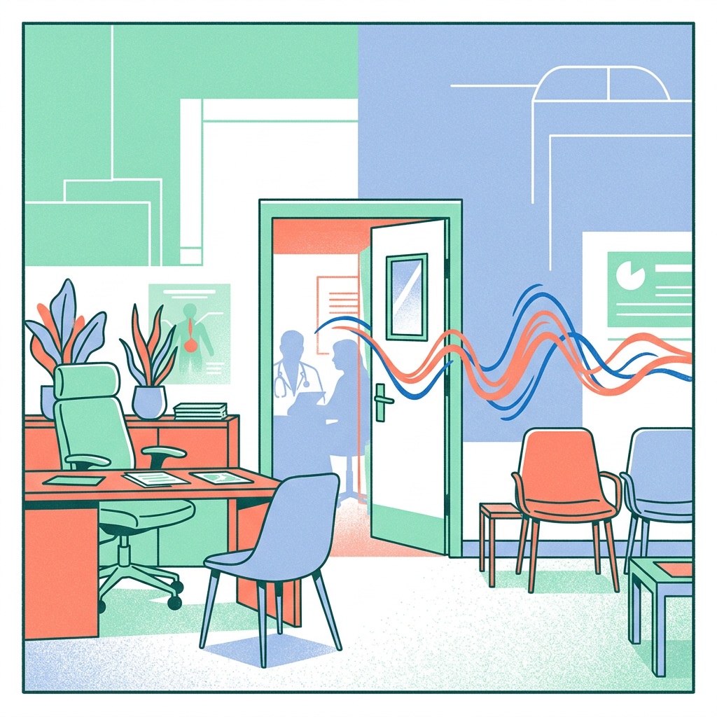 Illustration of a consultation room whose sound leaks through the door into the waiting room