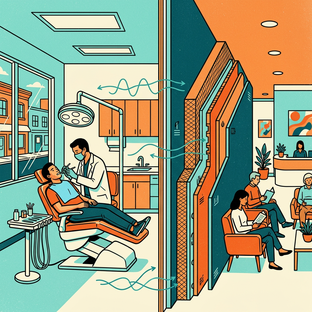 Illustration of a dental treatment room with sound passing through a thin wall