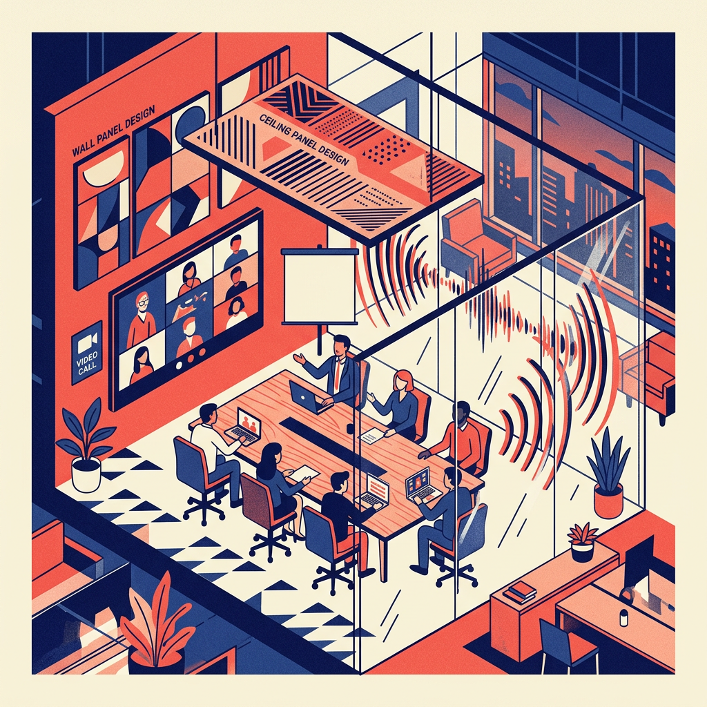 Illustration of a meeting room where sound bounces off glass walls