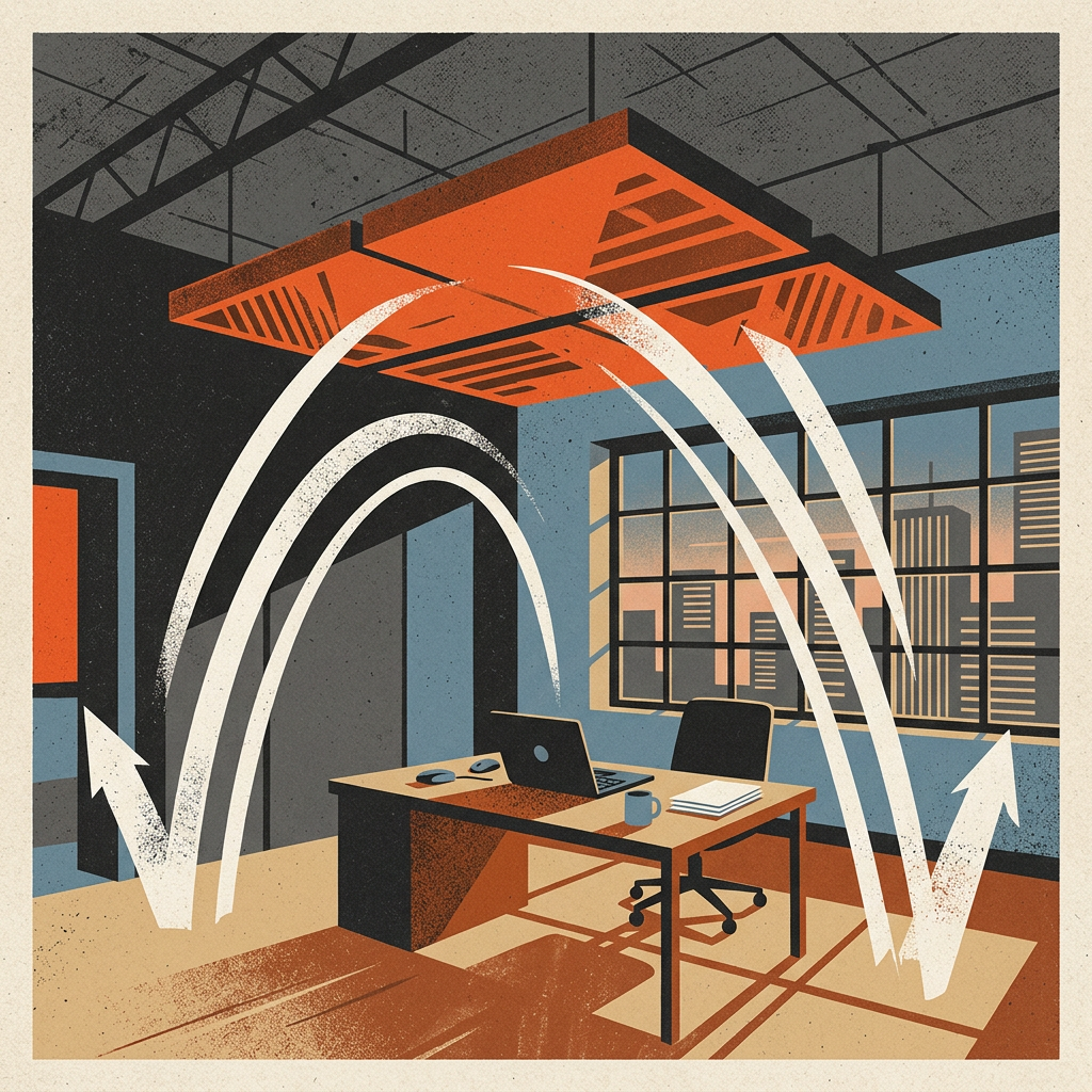 Illustration of a small office with sound bouncing off a bare ceiling
