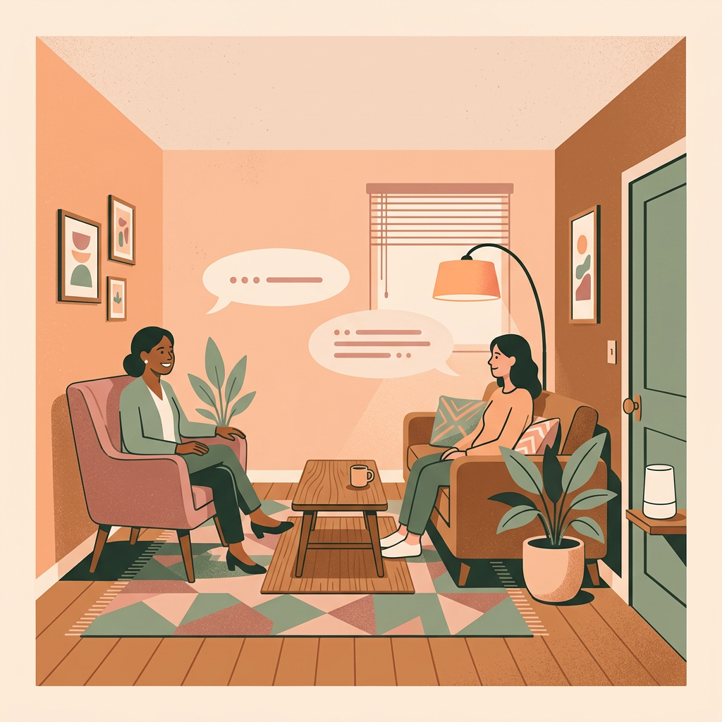 Illustration of a therapist and a client talking in a calm room with a door at the side