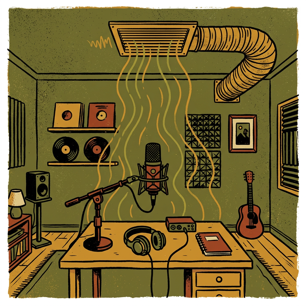 Illustration of a home studio with a humming ceiling vent over a microphone desk