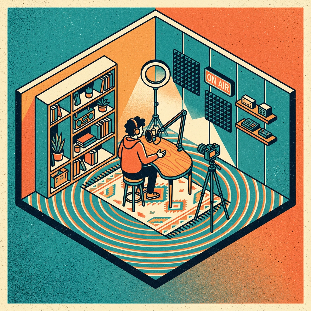 Illustration of a video recording room with echo rings over a hard floor