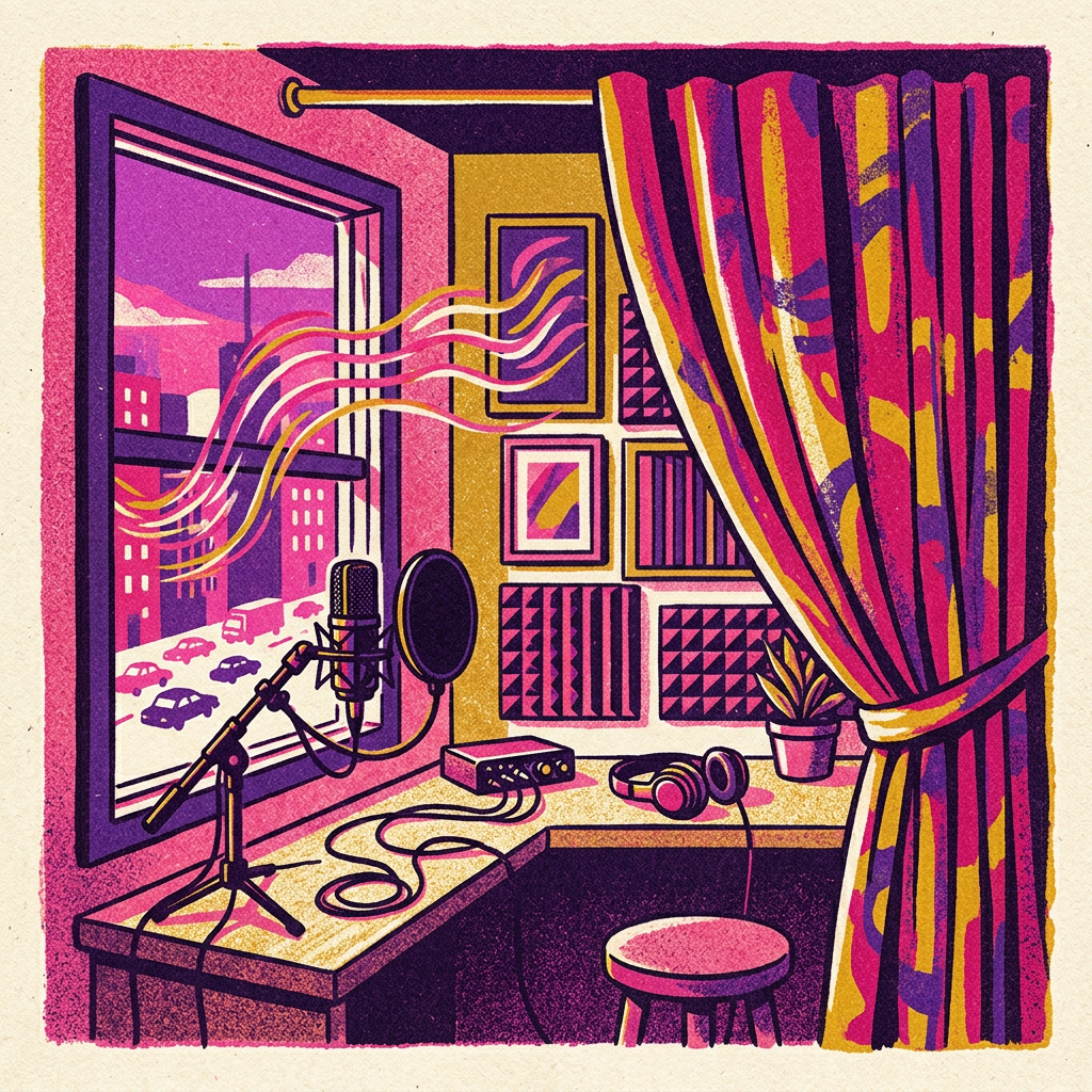 Illustration of a voice-over corner with traffic noise entering through a window